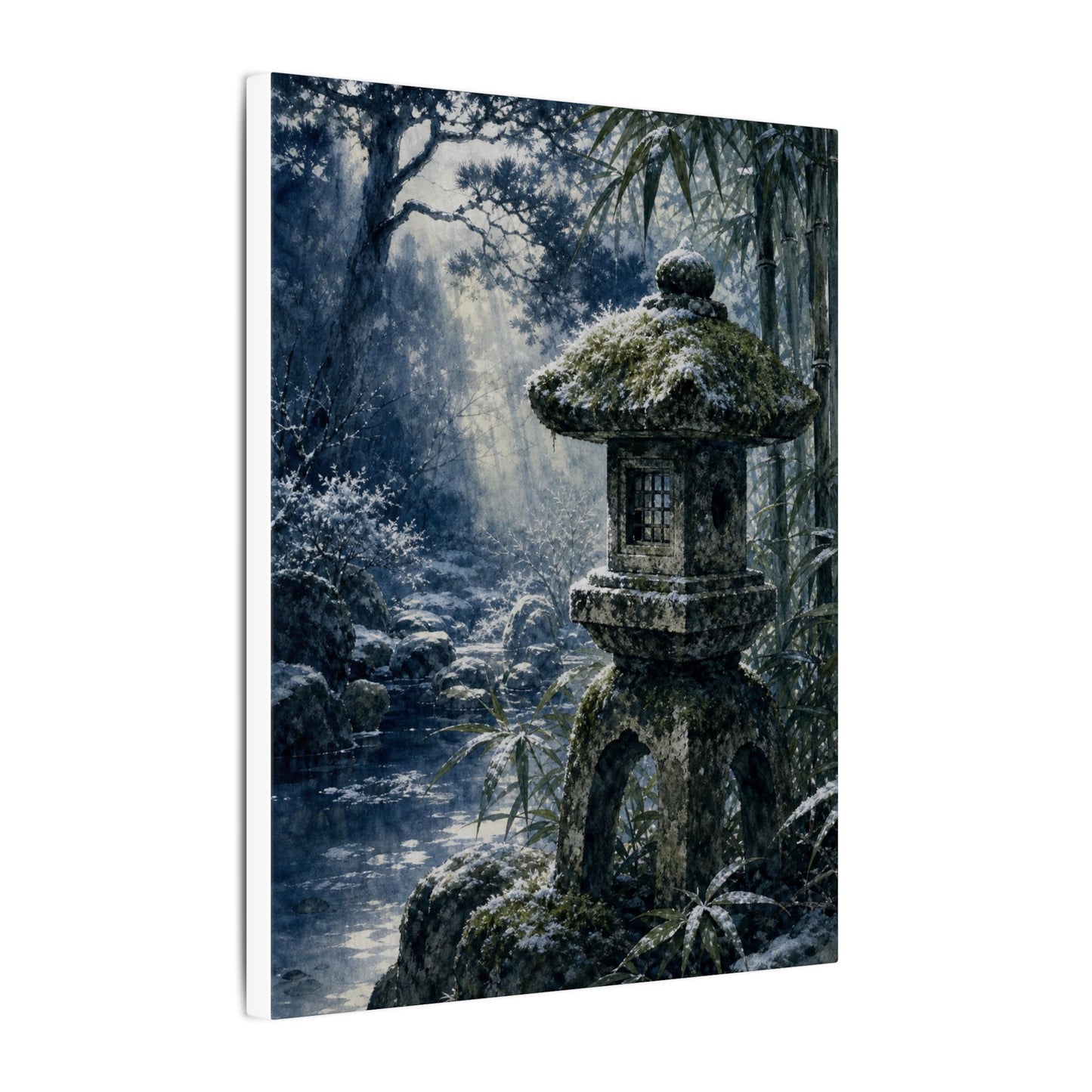 Zen Stone Lantern in Dappled | Sumi E Canvas Art