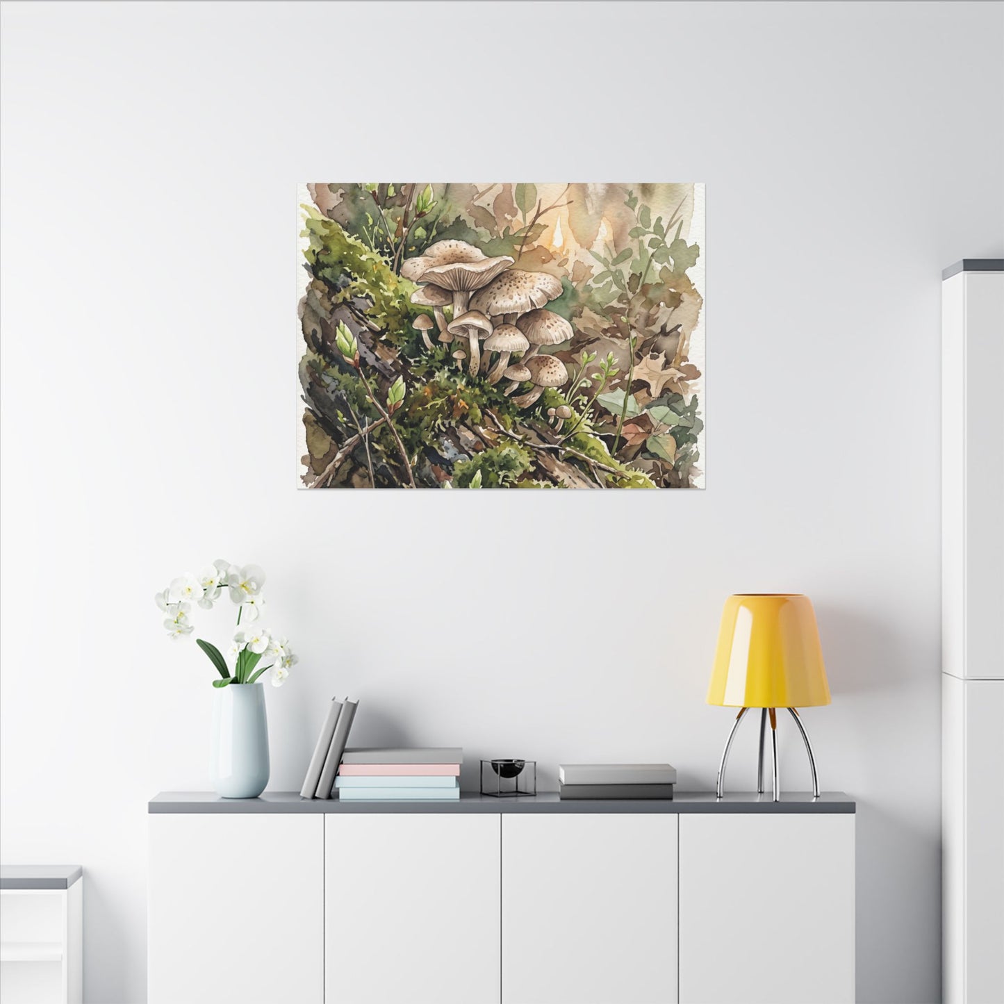 Wild Mushrooms Canvas Art | Spring Japandi Watercolor Art
