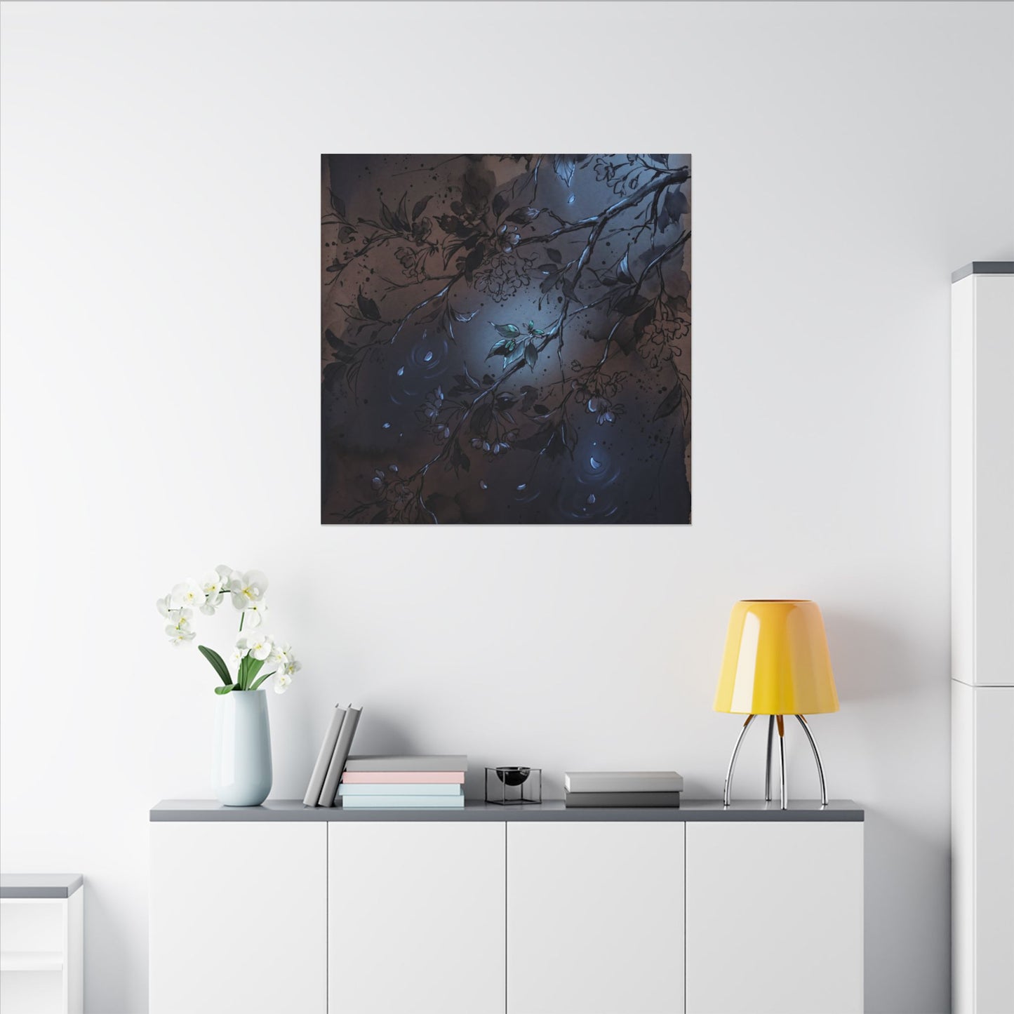 Bold Cherry Blossom Canvas Art - Charcoal Ink Dark Japandi