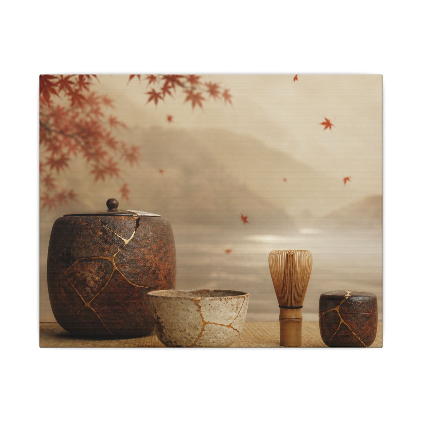 Tea Ceremony Canvas Art | Autumn Kintsugi Gold Vein Art