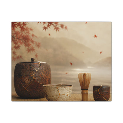 Tea Ceremony Canvas Art | Autumn Kintsugi Gold Vein Art
