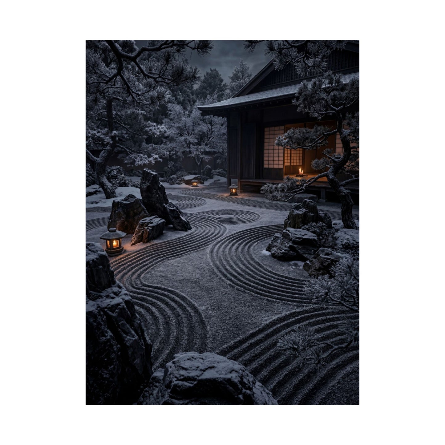 Dark Japandi Rock Garden in Candlelight | Shadow Zen Wall Art Print