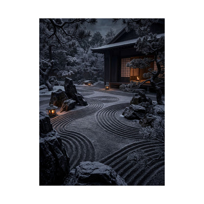 Dark Japandi Rock Garden in Candlelight | Shadow Zen Wall Art Print