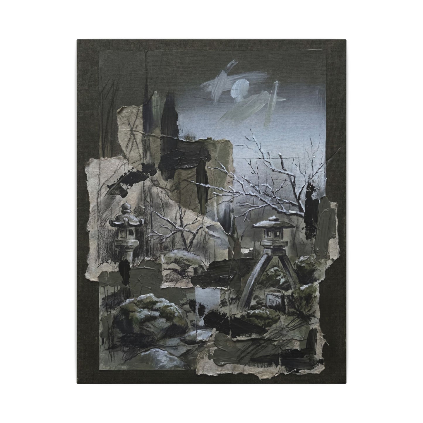 Winter Moonlit Garden Dark Texture Canvas Art | Moody Decor