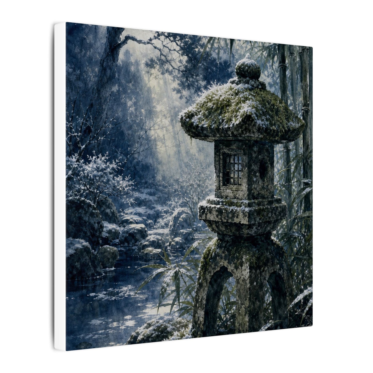 Zen Stone Lantern in Dappled | Sumi E Canvas Art
