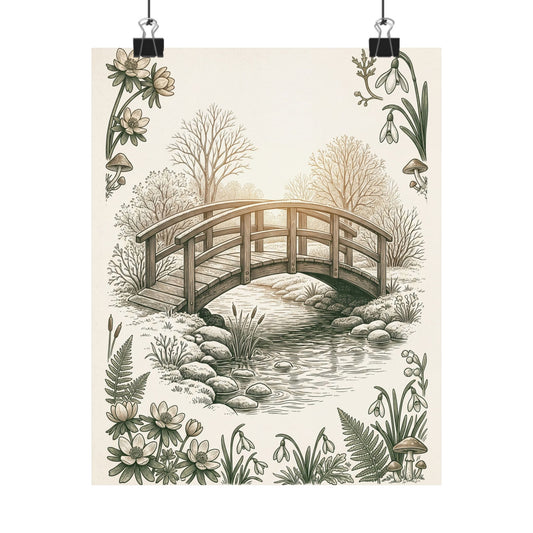Cottagecore Wooden Bridge in Golden Hour | Vintage Botanical Wall Art Print