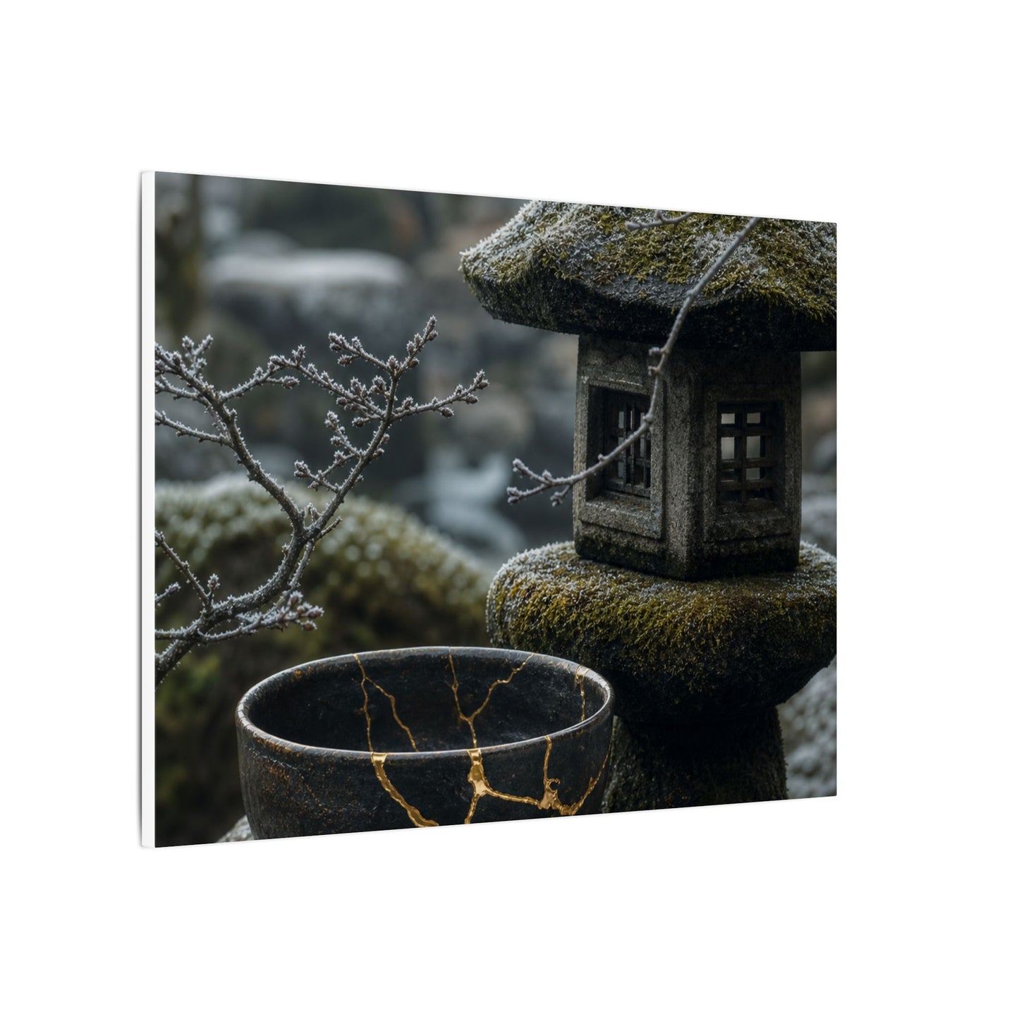 Stone Lantern Canvas Art | Winter Kintsugi Gold Repair Art