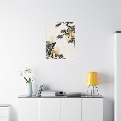 Japandi Pine Tree in Candlelight | Japanese Pattern Canvas Art