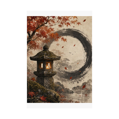 Autumn Stone Lantern Enso Wall Art Print | Serene Decor