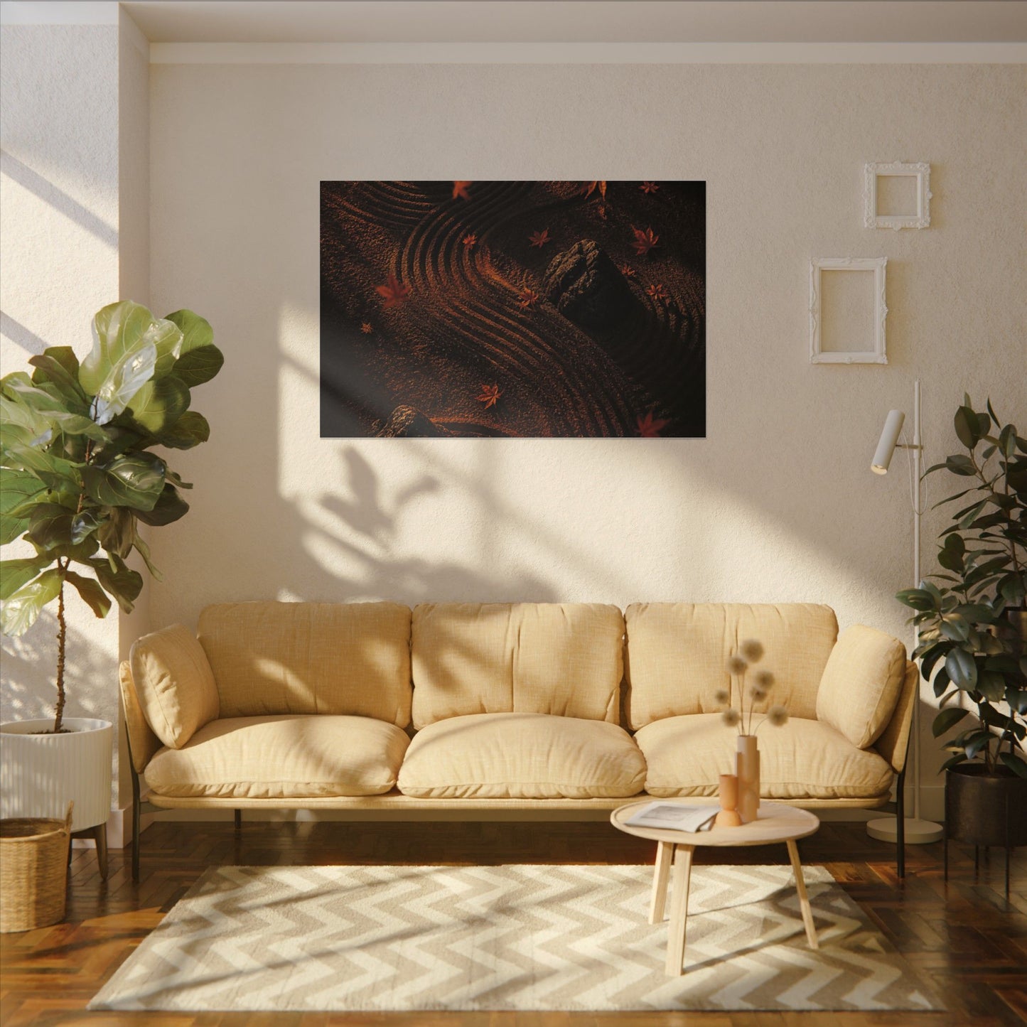 Dark Japandi Rock Garden in Golden Hour | Charcoal Ink Canvas Art