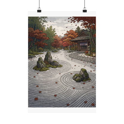 Rock Garden Wall Art Print | Autumn Zen Ukiyo E Inspired Art Art Print
