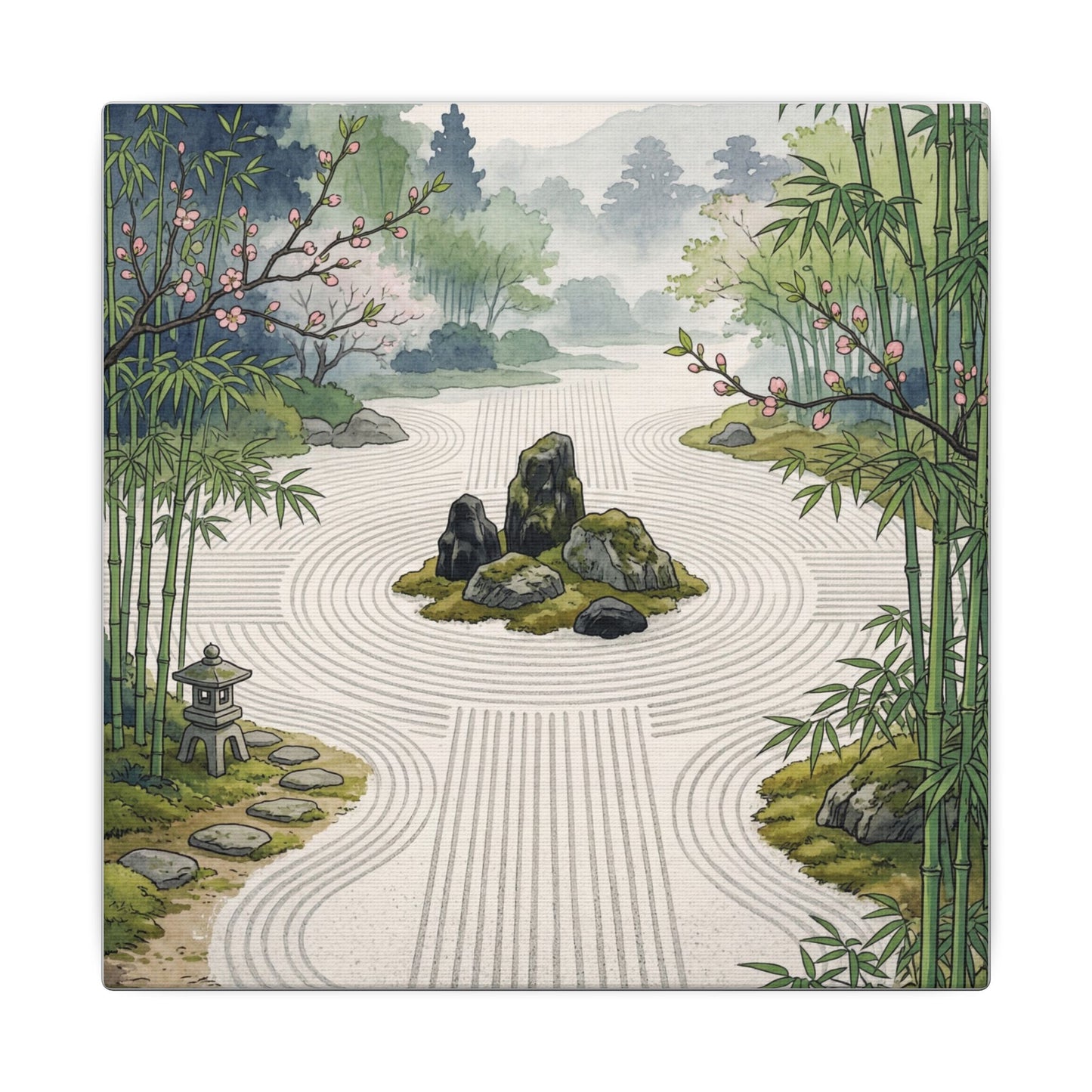 Rock Garden Ukiyo E Inspired Canvas Art | Contemplative Zen Art