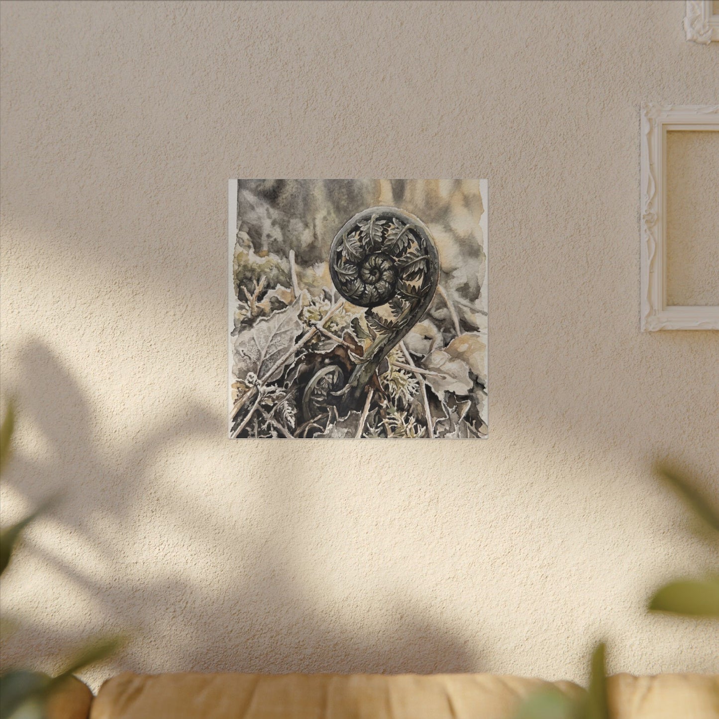 Japandi Fern Unfurling in Golden Hour | Watercolor Canvas Art