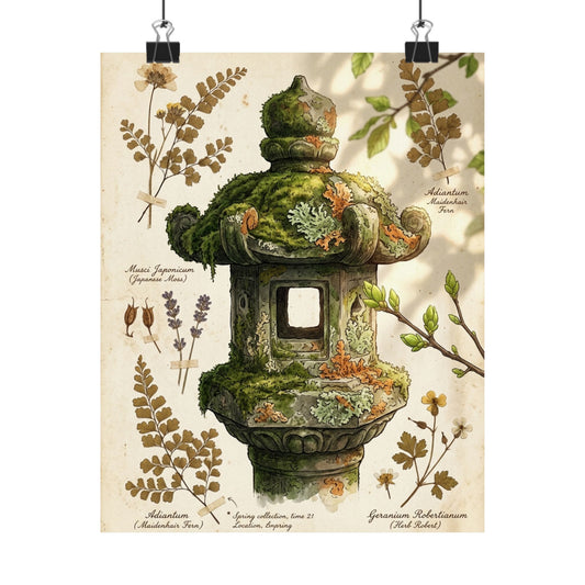 Stone Lantern Herbarium Wall Art Print | Cozy Cottagecore Art