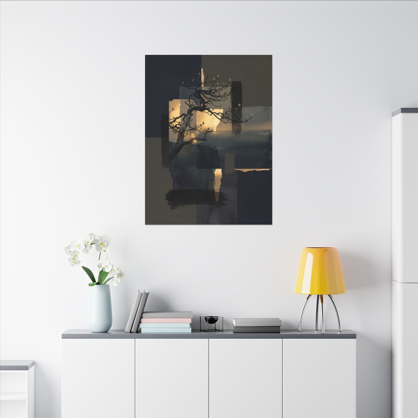 Golden Hour Pine Tree Canvas Art - Dark Japandi Kanso