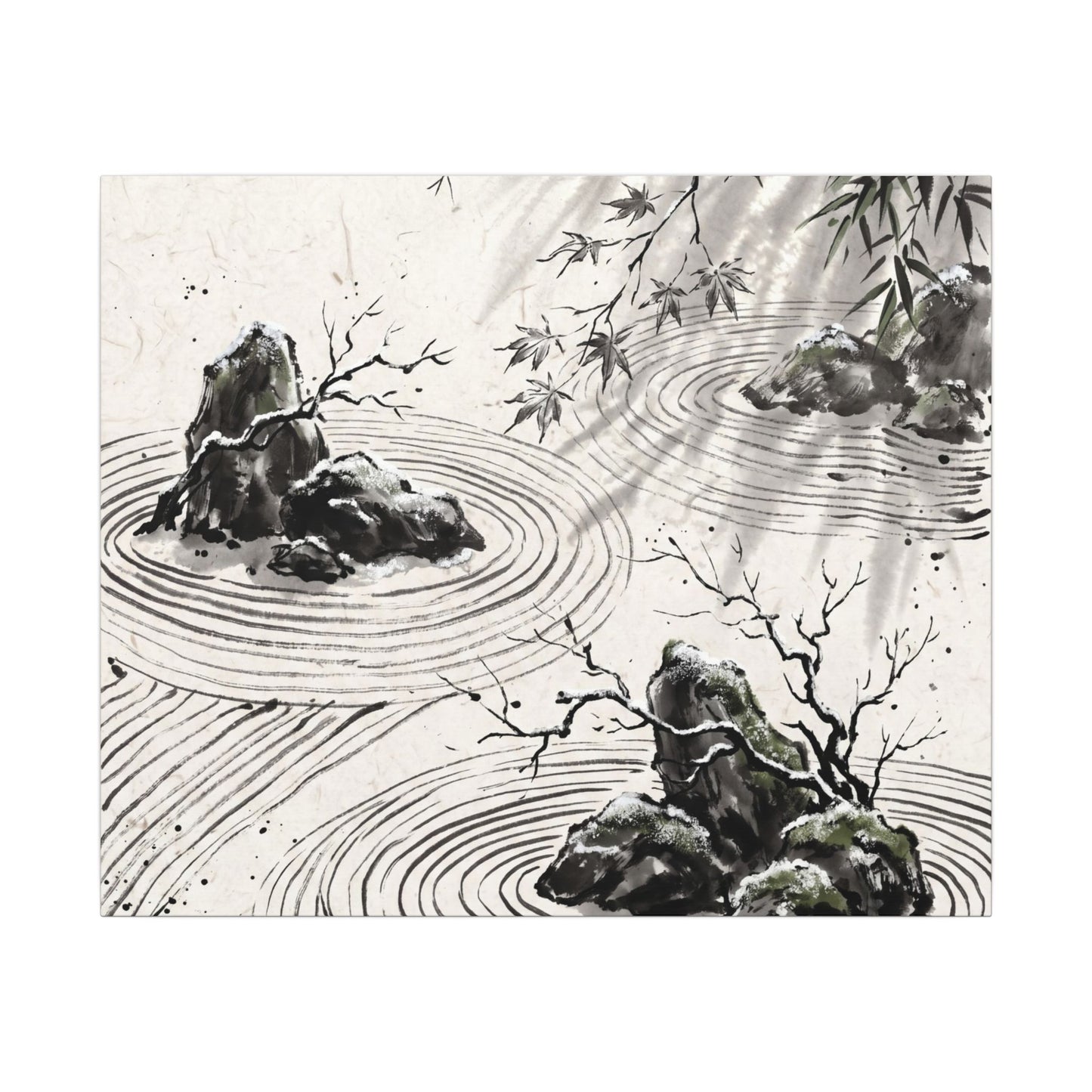 Rock Garden Canvas Art | Winter Zen Sumi E Art