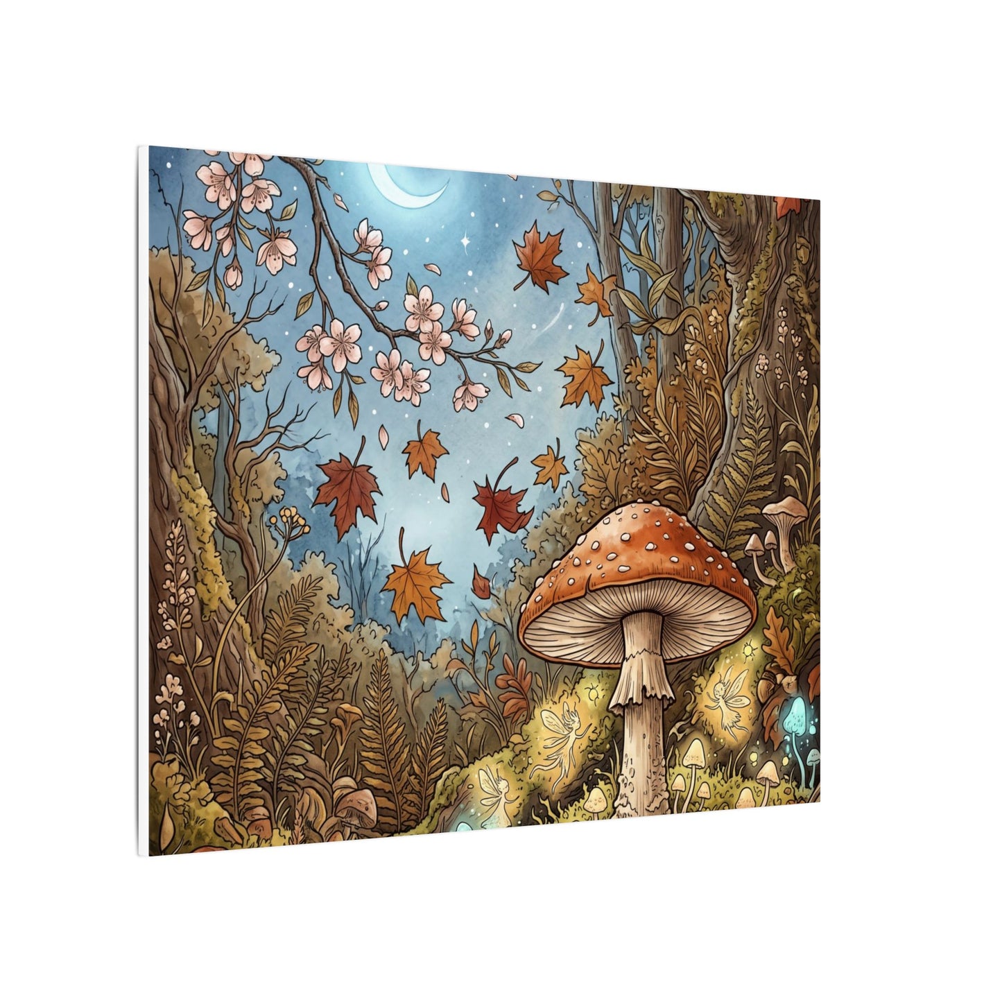 Autumn Cherry Blossom Mushroom Illustration Canvas Art | Enchanting Decor