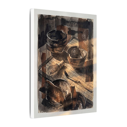 Tea Ceremony Charcoal Ink Canvas Art | Luxurious Dark Japandi Art