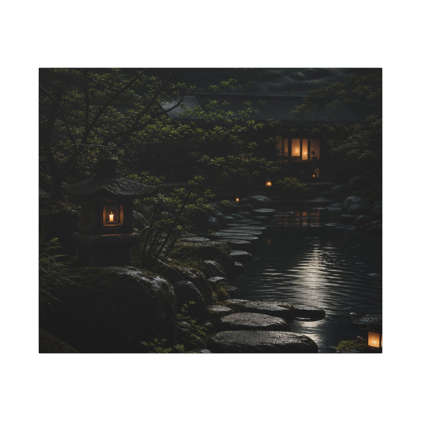 Moonlit Garden Shadow Zen Canvas Art | Sophisticated Dark Japandi Art