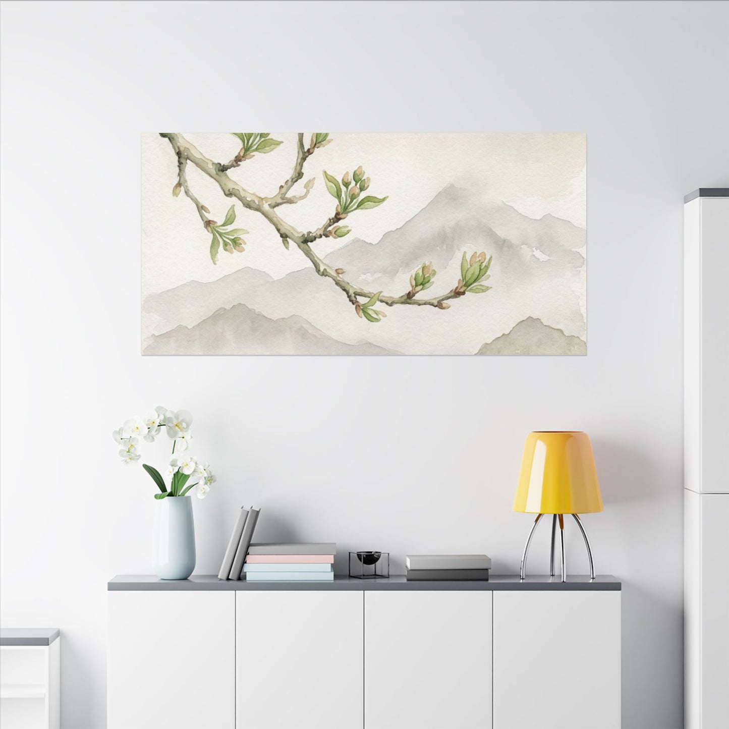 Spring Mountain Mist Watercolor Canvas Art | Cozy Decor