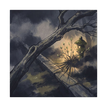 Dark Japandi Moonlit Garden in Golden Hour | Charcoal Ink Canvas Art