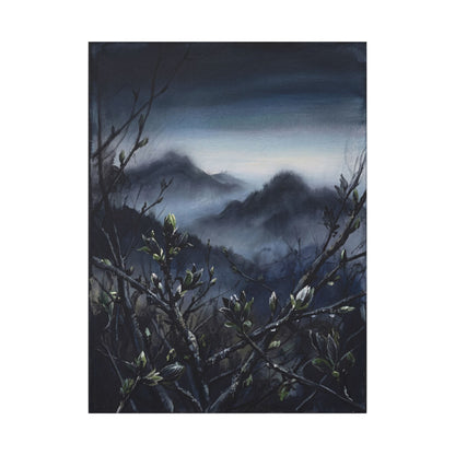 Mountain Mist Spring Canvas Art | Dark Japandi Atmospheric Design