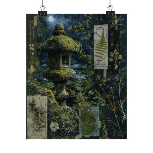 Moonlight Stone Lantern Wall Art Print - Cottagecore Fukinsei