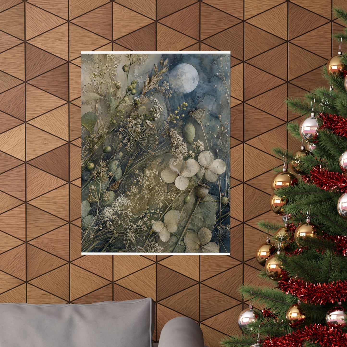 Japandi Dried Flowers in Moonlight | Watercolor Wall Art Print