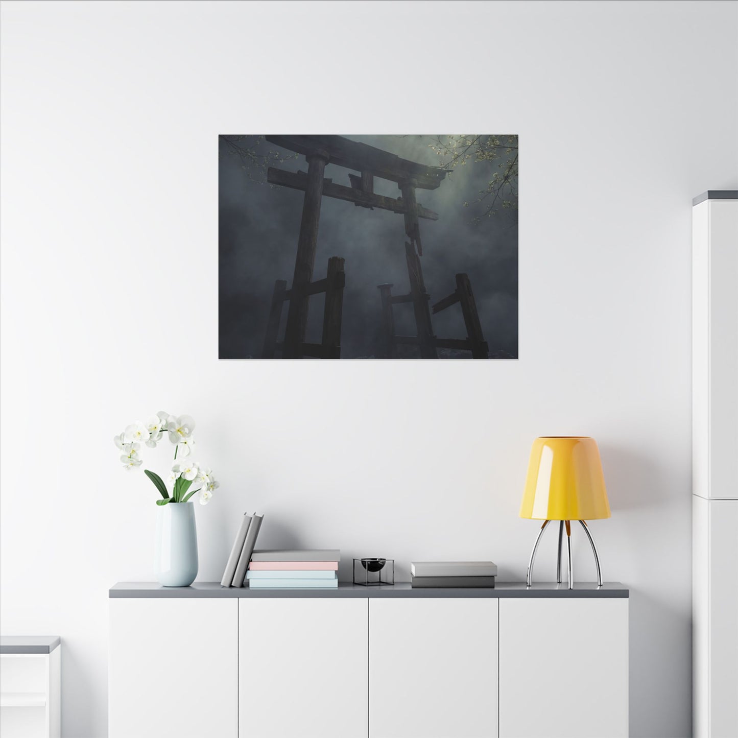 Dark Japandi Torii Gate in Dappled | Moody Minimal Canvas Art