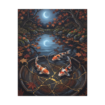 Koi Pond Canvas Art | Autumn Kintsugi Gold Repair Art
