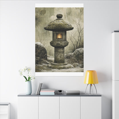 Stone Lantern Winter Canvas Art | Japandi Neutral Design