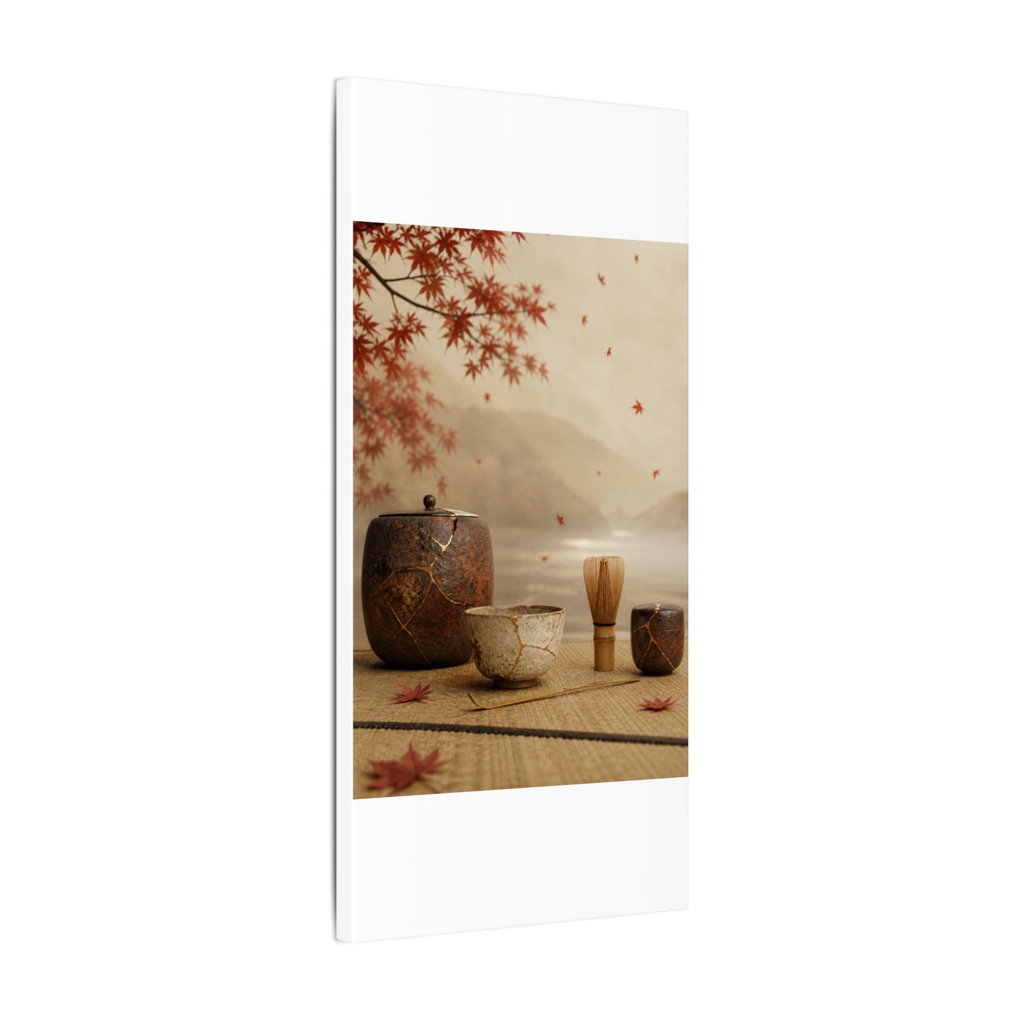 Tea Ceremony Canvas Art | Autumn Kintsugi Gold Vein Art