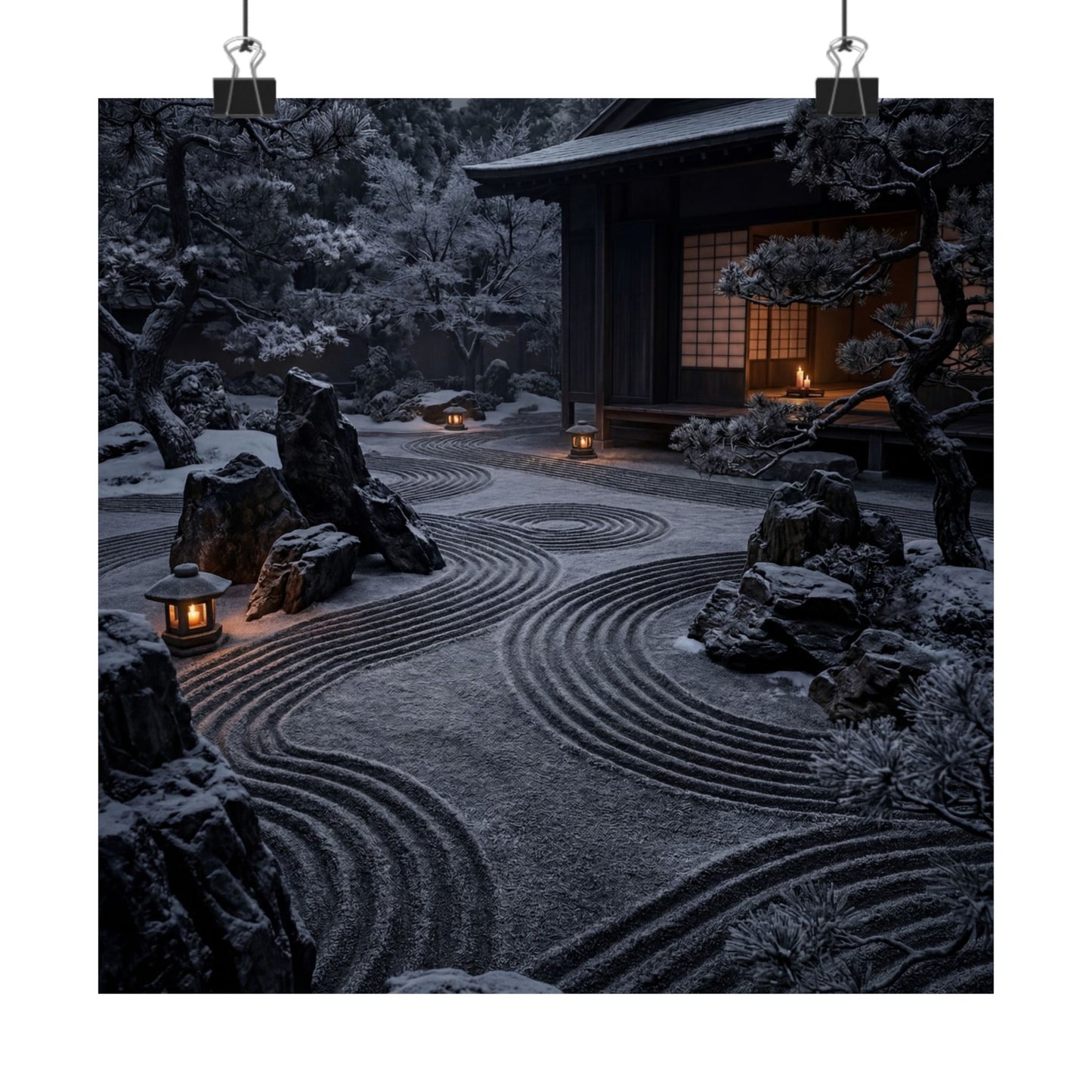 Dark Japandi Rock Garden in Candlelight | Shadow Zen Wall Art Print Art Print