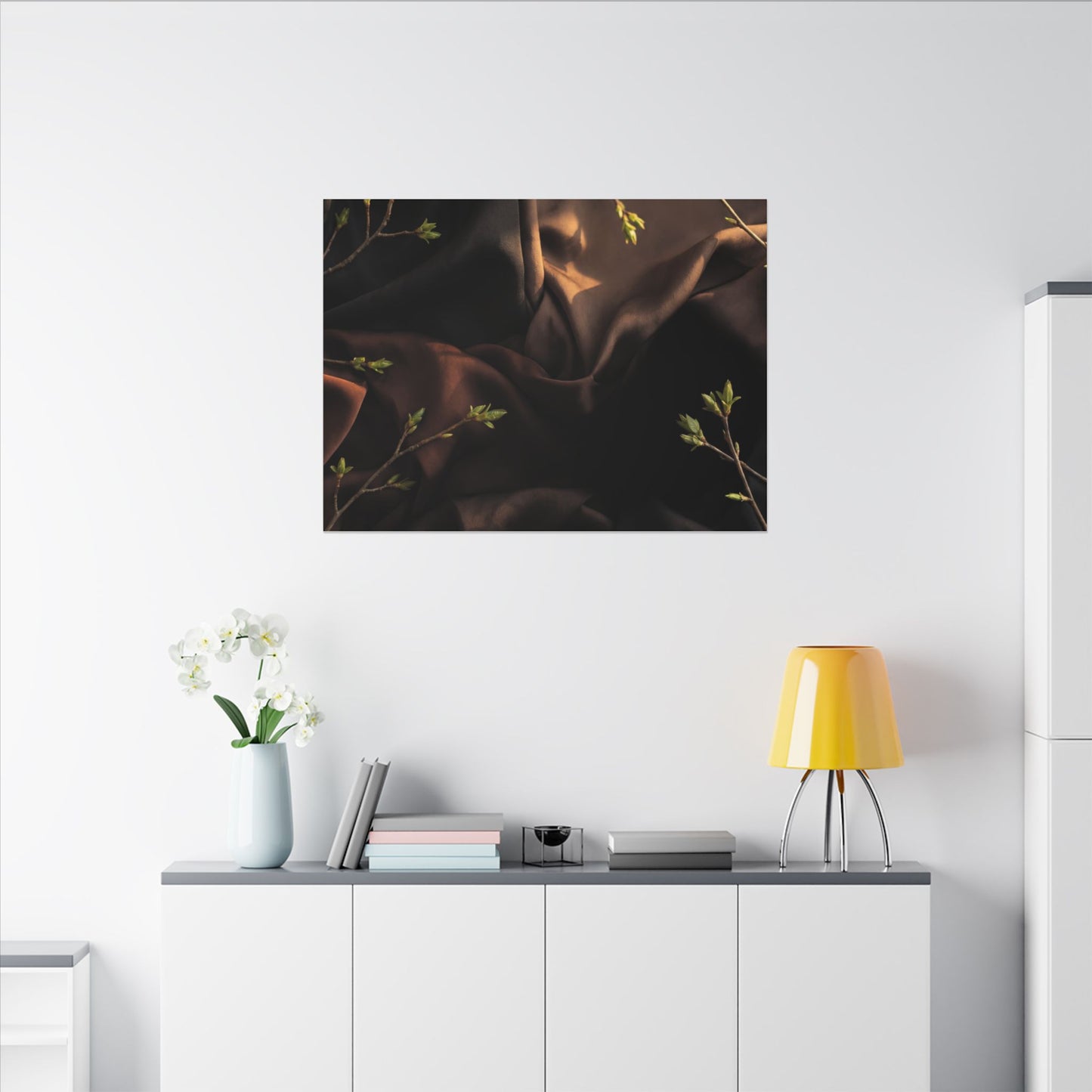 Dark Japandi Silk Drape in Golden Hour | Moody Minimal Canvas Art