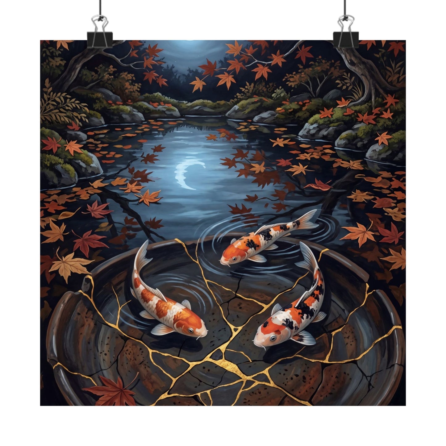 Kintsugi Koi Pond in Moonlight | Gold Repair Wall Art Print