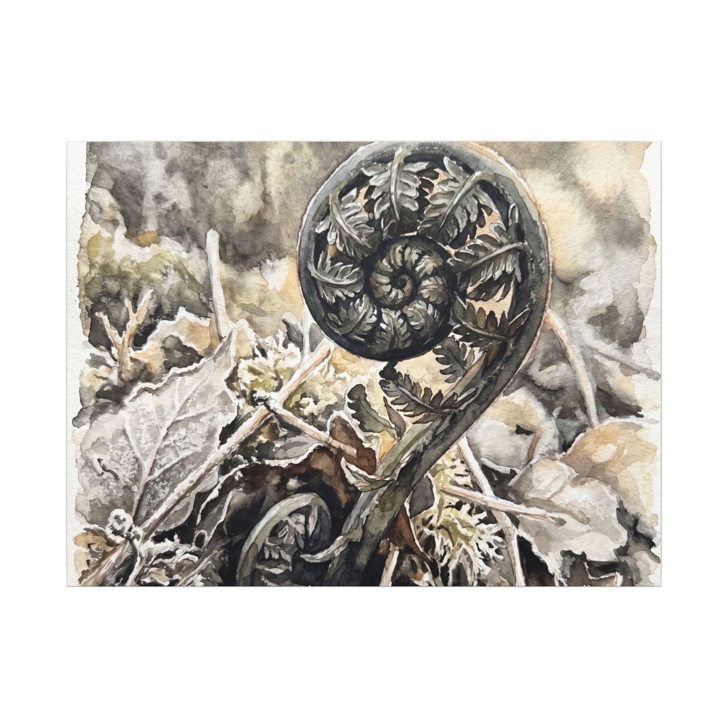 Japandi Fern Unfurling in Golden Hour | Watercolor Canvas Art