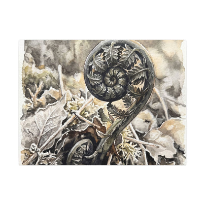 Japandi Fern Unfurling in Golden Hour | Watercolor Canvas Art