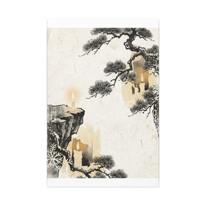 Japandi Pine Tree in Candlelight | Japanese Pattern Canvas Art