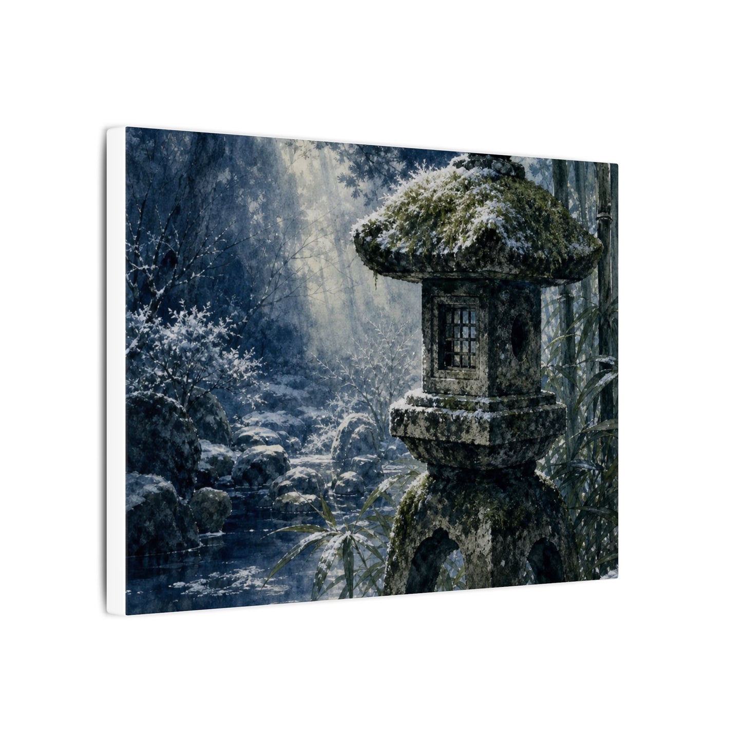 Zen Stone Lantern in Dappled | Sumi E Canvas Art
