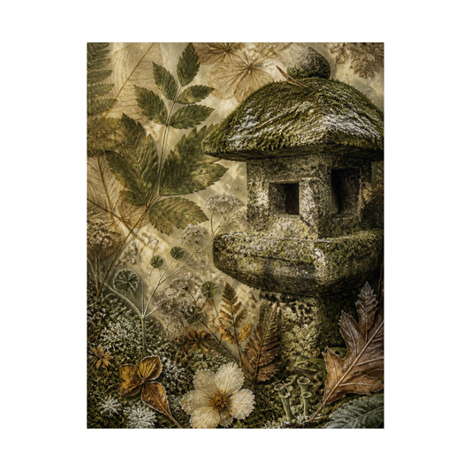 Stone Lantern Herbarium Wall Art Print | Cozy Cottagecore Art