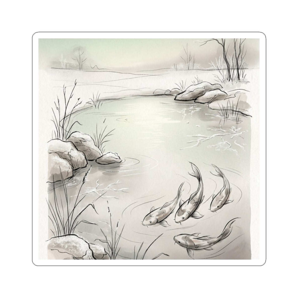 Koi Pond Winter Sticker | Japandi Elegant Design