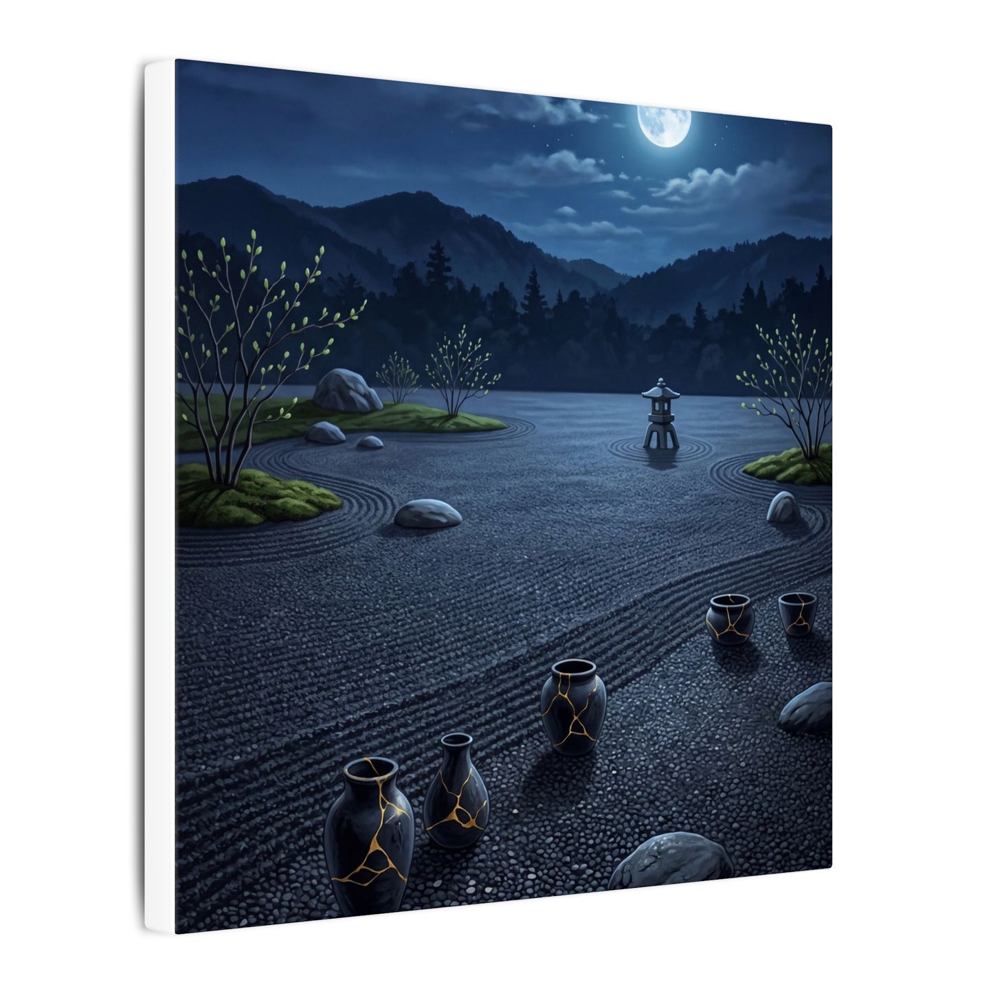Kintsugi Moonlit Garden in Moonlight | Gold Repair Canvas Art