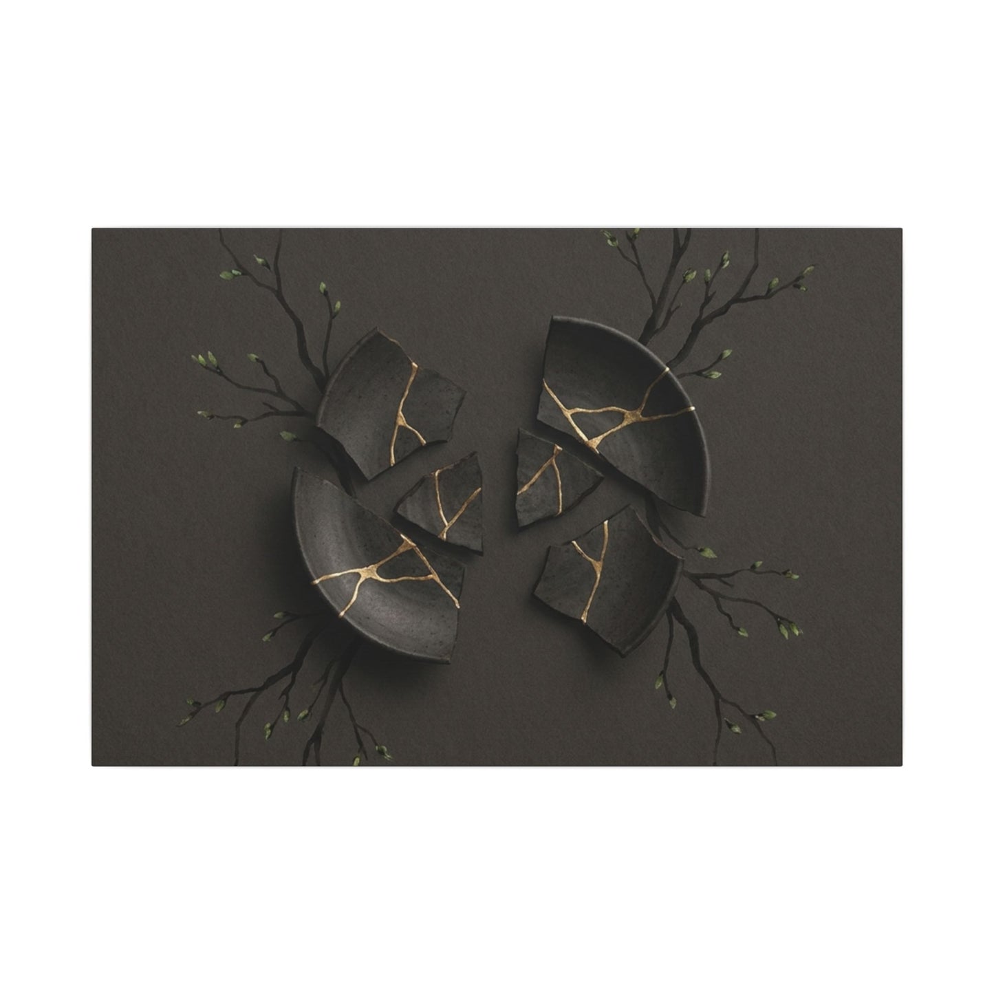 Sophisticated Broken Pottery Canvas Art - Charcoal Ink Dark Japandi