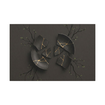 Sophisticated Broken Pottery Canvas Art - Charcoal Ink Dark Japandi