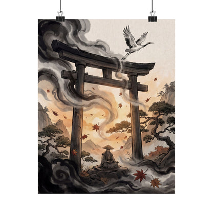 Autumn Torii Gate Ukiyo E Inspired Wall Art Print | Contemplative Decor Art Print