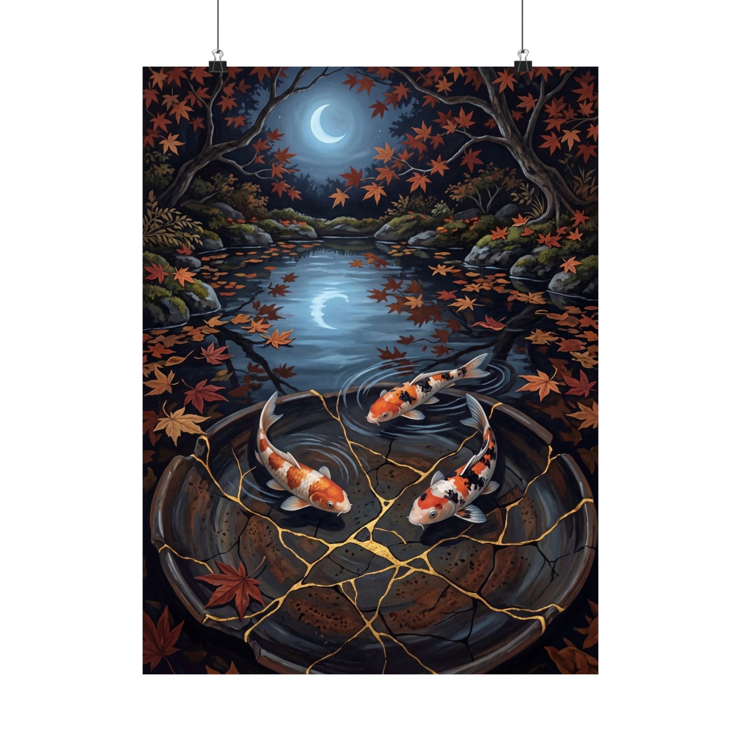 Kintsugi Koi Pond in Moonlight | Gold Repair Wall Art Print