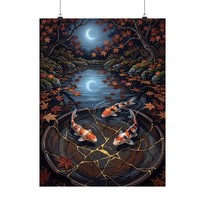 Kintsugi Koi Pond in Moonlight | Gold Repair Wall Art Print
