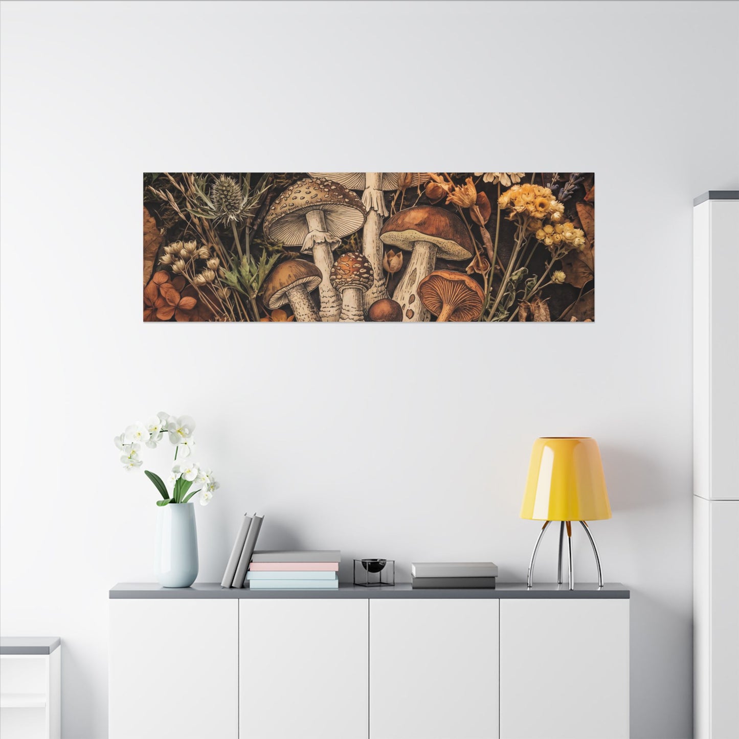 Autumn Dried Flowers Mushroom Illustration Canvas Art | Earthy Decor