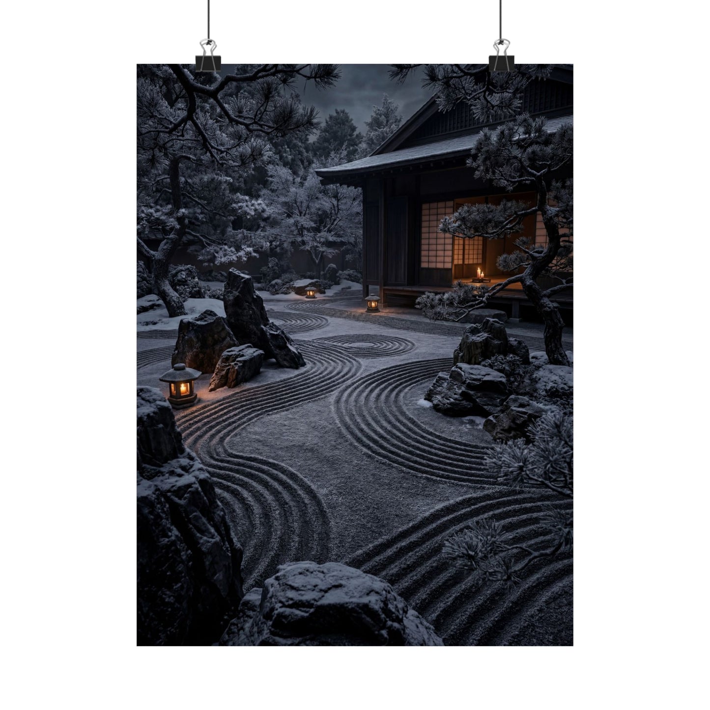 Dark Japandi Rock Garden in Candlelight | Shadow Zen Wall Art Print Art Print