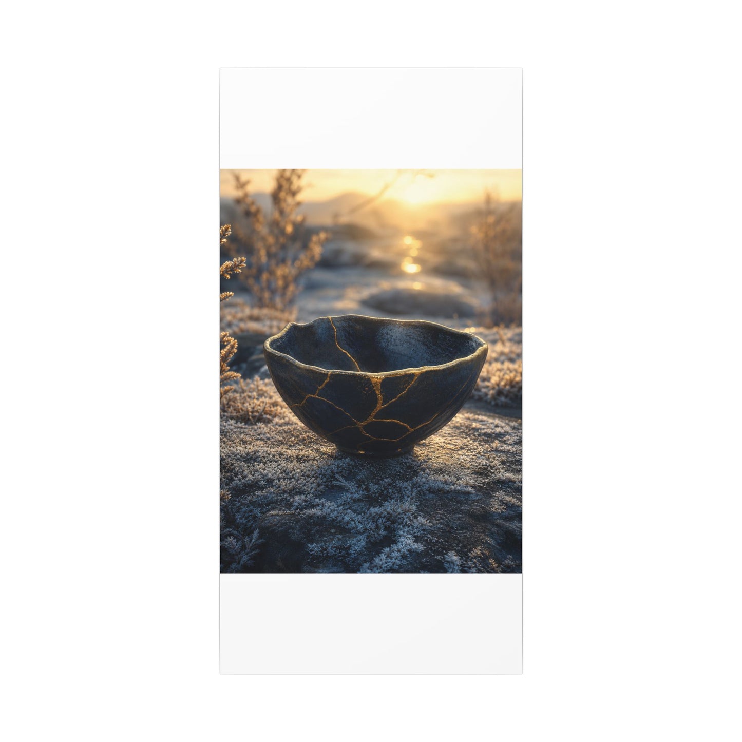 Ceramic Bowl Canvas Art | Winter Kintsugi Gold Repair Art